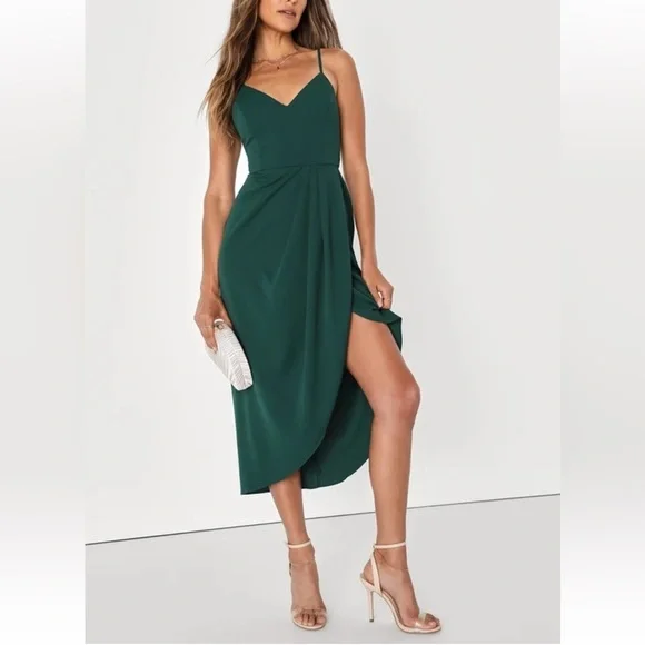 Lulus Dark Green Reinette Midi High Low Wrap Dress size Small Wedding Guest - Picture 2 of 10